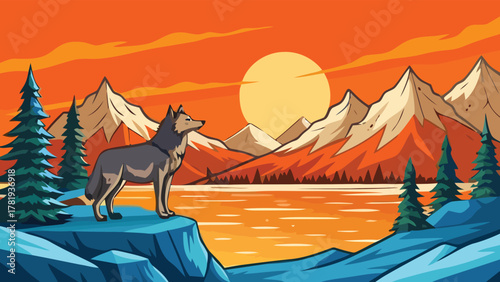 Majestic wolf observing a vibrant sunset over a tranquil mountain lake, surrounded by towering peaks and lush pine forests