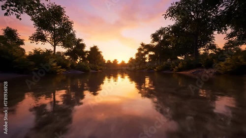 Slow cinematic dolly shot gliding over a calm river at golden hour, reflecting a vibrant sky smooth, environment, clean