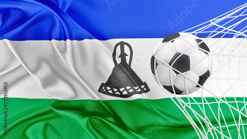 Football ball with the national flag of Lesotho. Flag of Lesotho. Horizontal Realistic waving flag of State of Lesotho. Fabric textured flowing flag of Lesotho