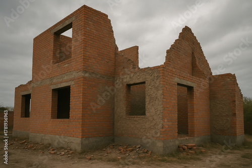 Unfinished brick house construction site with exposed walls and window openings under cloudy sky, showing rough masonry and abandoned building progress