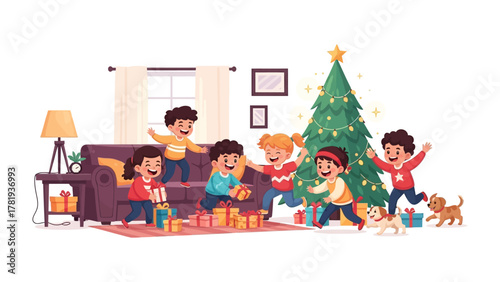 Joyous Christmas Morning: Animated children exude a sense of childlike wonder and excitement as they unwrap presents in front of Christmas tree. It's a scene of pure festive joy and holiday spirit.