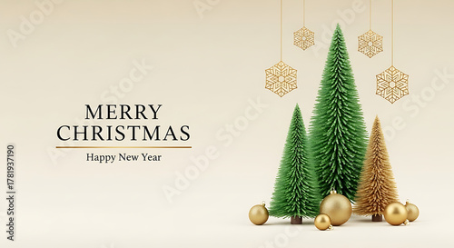 Merry christmas and happy new year greeting card with christmas trees
