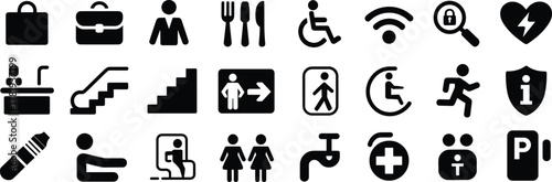 Public Signage Icon Set – Vector Symbols for Facilities, Accessibility, Safety, and Navigation