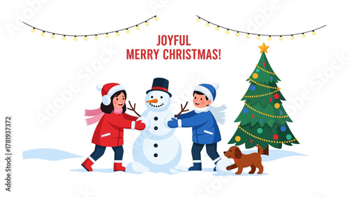 Festive Friendship: Two children gleefully collaborate to build a snowman during the Christmas season, sharing laughter and creating memories under the twinkling lights.