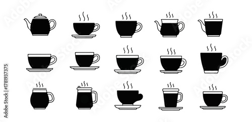 Assortment of coffee cups and teapots illustration with steam