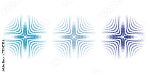 Red concentric ripple circles set. Sonar or sound wave rings collection. Epicentre, target, radar icon concept. Radial signal or vibration elements. Halftone line vector illustration