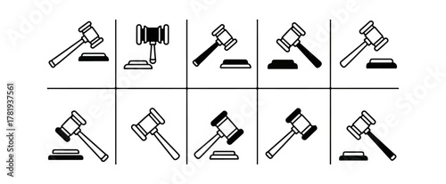 Gavel icons in various positions on black background