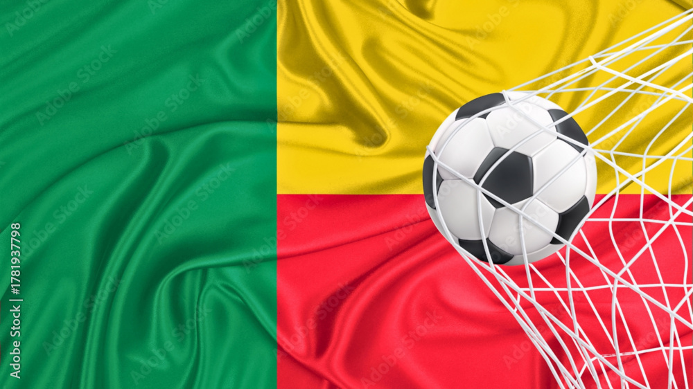 Naklejka premium Football ball with the national flag of benin . Flag of benin . Horizontal Realistic waving flag of State of benin. Fabric textured flowing flag of benin 