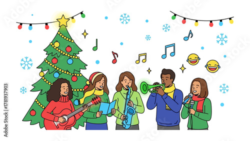 Holiday Harmony: A group of diverse friends celebrates the season together by singing, playing music, and sharing laughter, creating a vibrant scene of warmth and joy. 