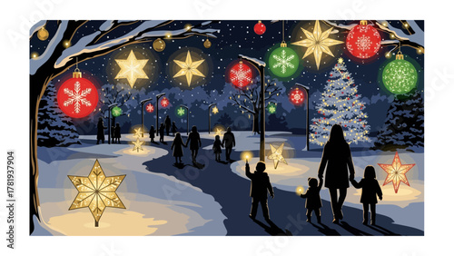 Nocturnal Winter Promenade: A heartwarming illustration of a family enjoying a winter stroll beneath festive lights, evoking the magical atmosphere of the holiday season. 
