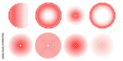 Red concentric ripple circles set. Sonar or sound wave rings collection. Epicentre, target, radar icon concept. Radial signal or vibration elements. Halftone vector illustration