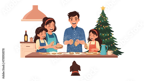 Festive Family Baking: A warm family gathering together in their kitchen to make festive cookies, spreading holiday cheer and creating lasting memories.