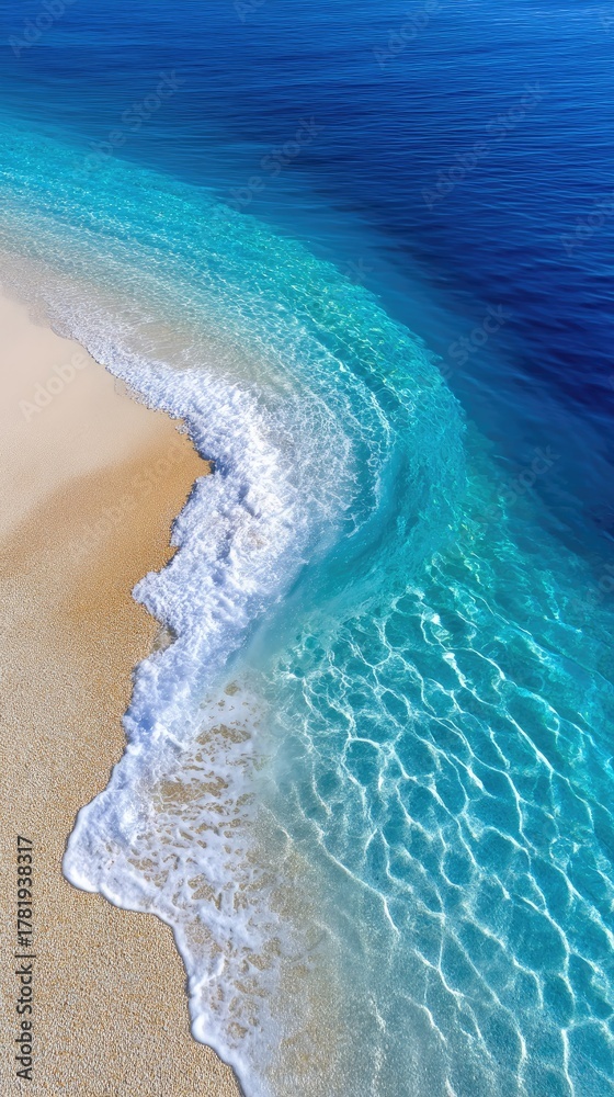 Obraz premium Shallow Turquoise Water Gently Laps A Sunlit Sandy Beach With Sparkling Light Reflections Under A Clear Blue Sky