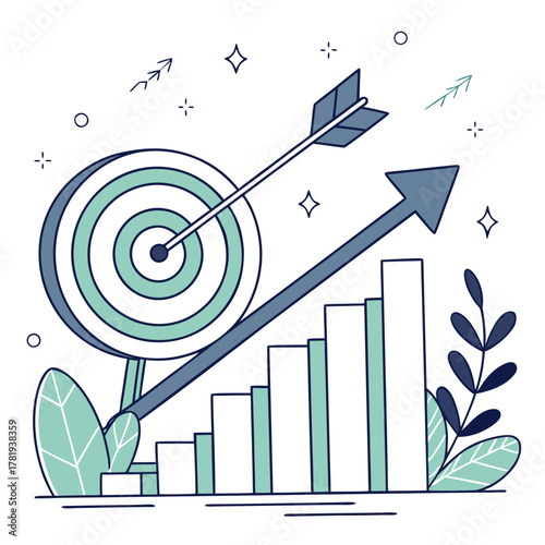 Arrow hitting bullseye on target with upward trending bar graph and decorative elements symbolizing growth