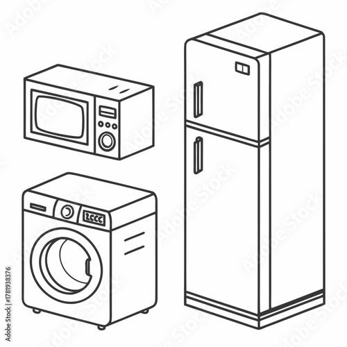 Clean line art isometric illustration of a modern refrigerator washing machine and microwave oven