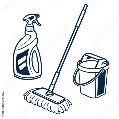 Cleaning supplies including a spray bottle mop and bucket isolated on white background