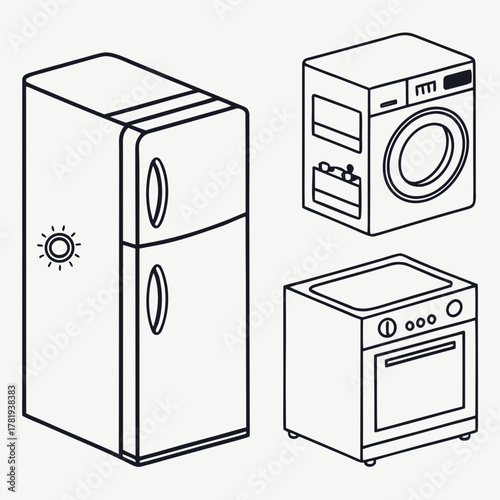 Clean line art isometric illustrations of a refrigerator washing machine and oven on a light background