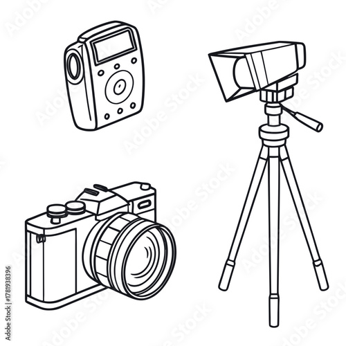 Collection of line art illustrations of photography and videography equipment on a white background