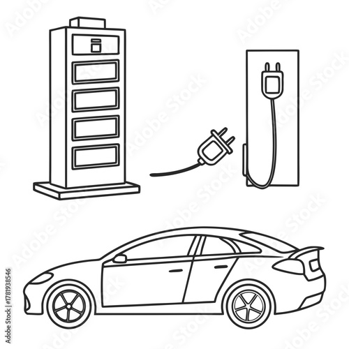 Electric car charging station with vehicle and power plug in a clean line art illustration