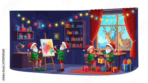 Christmas Eve at the Workshop: A heartwarming illustration of festive elves engrossed in creating gifts and artwork at a workshop, evoking the essence of holiday anticipation and creativity.