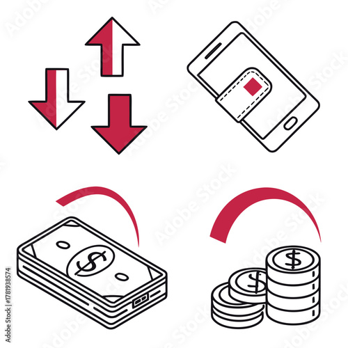 Financial icons showing money transfer mobile payments and currency exchange with arrows