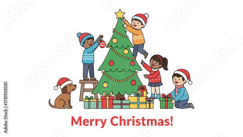 Christmas Decoration: Joyful children gather to decorate a Christmas tree with ornaments, a star, and colorful gifts and celebration. A scene filled with joy, tradition, and holiday spirit.