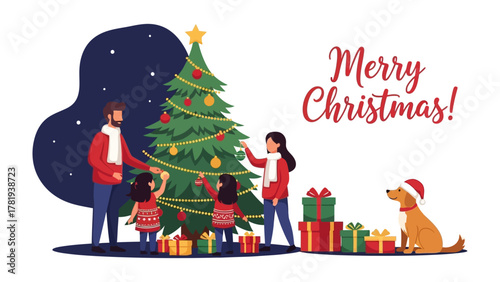 Christmas Family Together: A heartwarming scene unfolds as a family gathers around a beautifully decorated Christmas tree, with gifts ready and a joyful golden retriever.