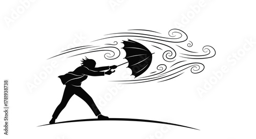 Vector illustration of silhouette of person struggling with umbrella against strong wind