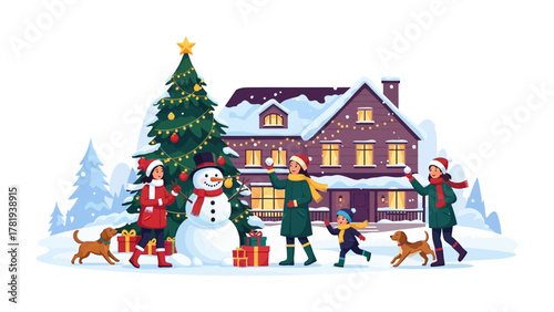 Winter Wonderland Holiday Scene: A joyful family revels in a snowy Christmas scene, building a snowman, decorating the Christmas tree, and enjoying the festive spirit with gifts and pets.