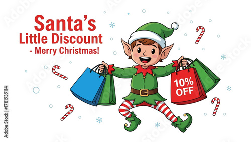 Santa's Little Discount: A cheerful illustration of a playful elf, surrounded by shopping bags and candy canes, invites you to partake in the merry discounts of Christmas.
