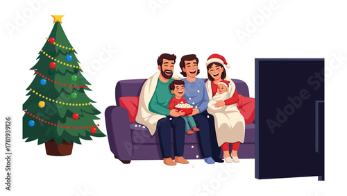 Festive Family Moments: A family is gathering together watching tv, cherishing their time. A decorated tree beside and warmth is in the scene. 