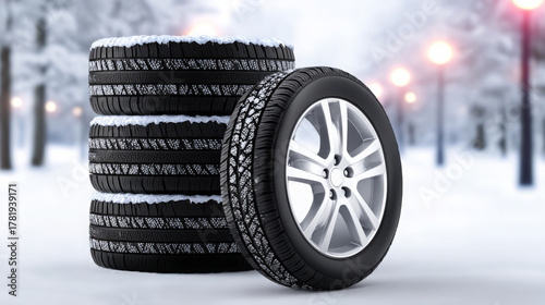 Stack of winter tires with intricate tread patterns, showcasing durability and performance, set against a snowy landscape with soft bokeh lights in the background
