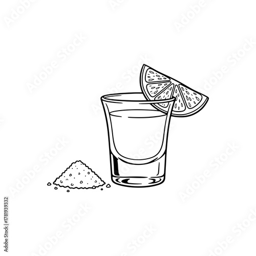 Tequila shot with lime and salt, elegant drink illustration for bars, restaurants, and menus. Celebrate with this stylish graphic design element