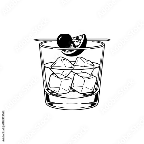 Elegant old fashioned cocktail illustration, perfect for bar menus, recipe books, and sophisticated beverage branding, a refreshing and classic drink
