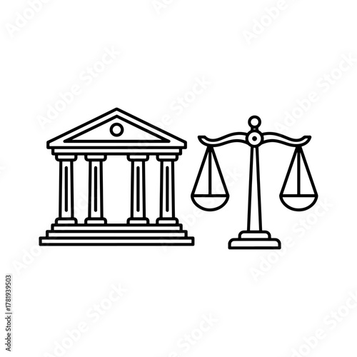 Justice symbol featuring scales and courthouse icon evokes legal concepts, ideal for law firms, government agencies, and educational materials