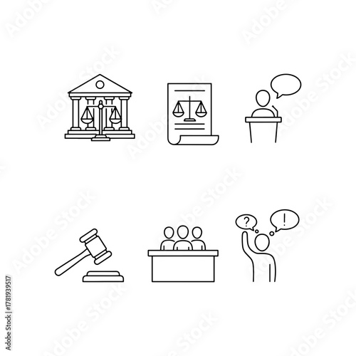 Justice icons showcase legal system elements, perfect for law firms, legal blogs, or educational materials about jurisprudence and court procedures