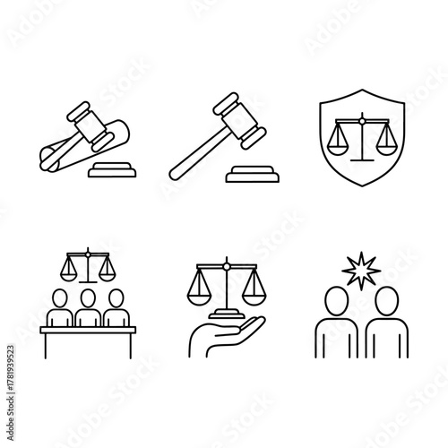Justice icons symbolizing law, legal services, and ethical governance; a modern, minimalist design representing fairness, equality, and protection under the law