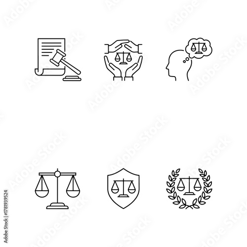 Elegant justice and law icon set symbolizing legal protection, ethical balance, and thoughtful judgment for modern business or education projects