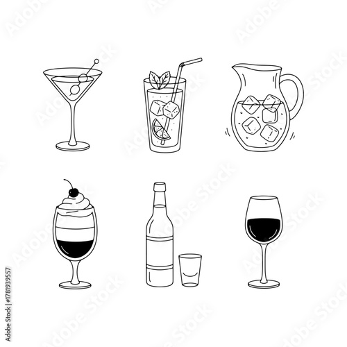 Elegant assortment of classic cocktail sketches for bar menus, party invitations, or stylish restaurant decor. Refreshing drink illustrations, vector origin