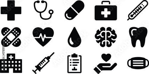 Medical and Healthcare Icon Set – Vector Symbols of Medicine, First Aid, and Health Tools
