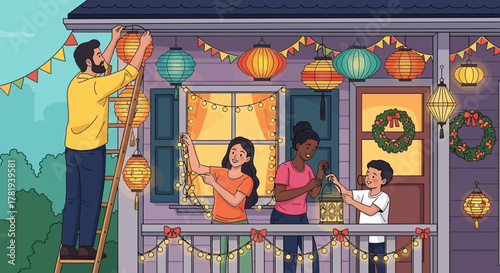 Cartoon woman in warrior pose on yoga mat in bright room.