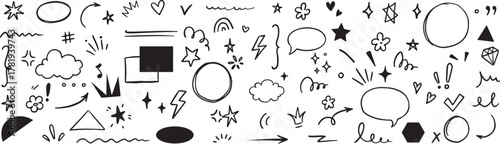 Doodle element set. Hand drawn brush stroke, highlight, speech bubble, underline, sparkle element. Vector illustration.