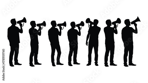 Megaphone men silhouettes isolated on white background, Vector