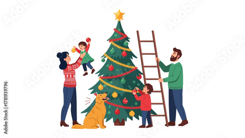 Holiday Cheer: A family collaborates in decorating a vibrant Christmas tree with ornaments, the scene radiates warmth and togetherness, filled with the spirit of the season.