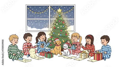 Christmas Cheer: A cozy Christmas scene unfolds with children and pets gathered around a festively adorned tree, embodying holiday spirit and joy.