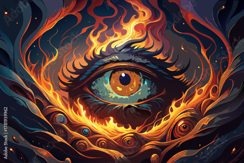 Fiery human eye surrounded by burning flames, digital artwork concept with glowing light effects, surreal fantasy illustration, emotional visual design, and creative composition of abstract fire art.