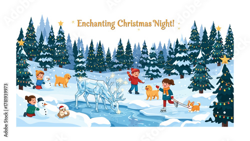 Enchanting Christmas Night Scene: A charming illustration captures the magic of a snowy Christmas night with kids, dogs, and a shimmering deer, creating a joyful and festive atmosphere.