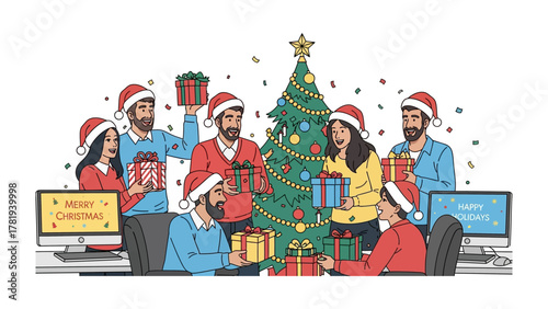 Office Christmas Celebration: Festive colleagues gather joyfully, adorned in holiday hats and exchanging gifts around a beautifully decorated tree, capturing the spirit of togetherness.