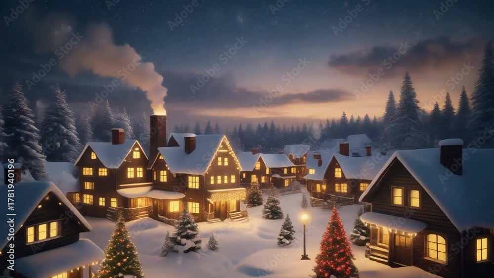 Cozy Winter Village Scene at Dusk with Snowy Houses and Christmas Lights