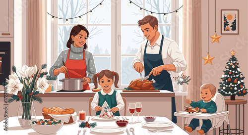 Cartoon woman in warrior pose on yoga mat in bright room.